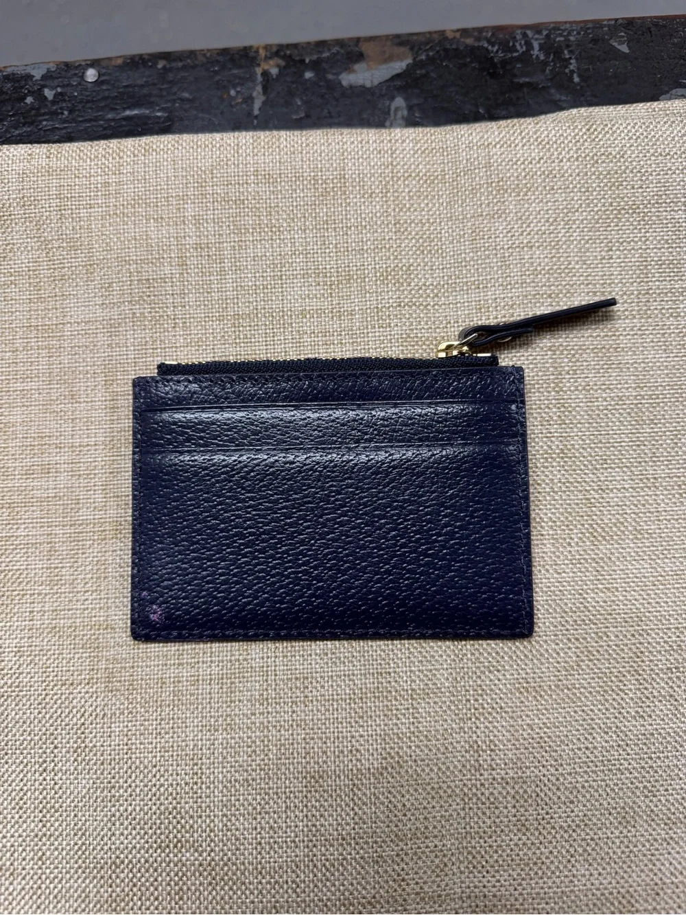 kate spade Navy Pebbled Leather Zip Card Wallet with Gold Accents